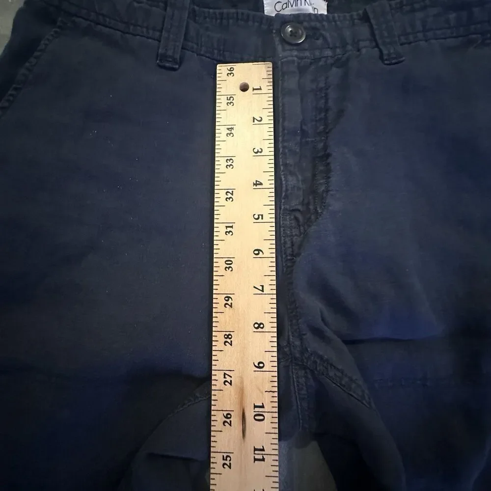Calvin Klein Shorts Linen Men's 30 Chino Zipper Pocket Navy Blue Flat Front